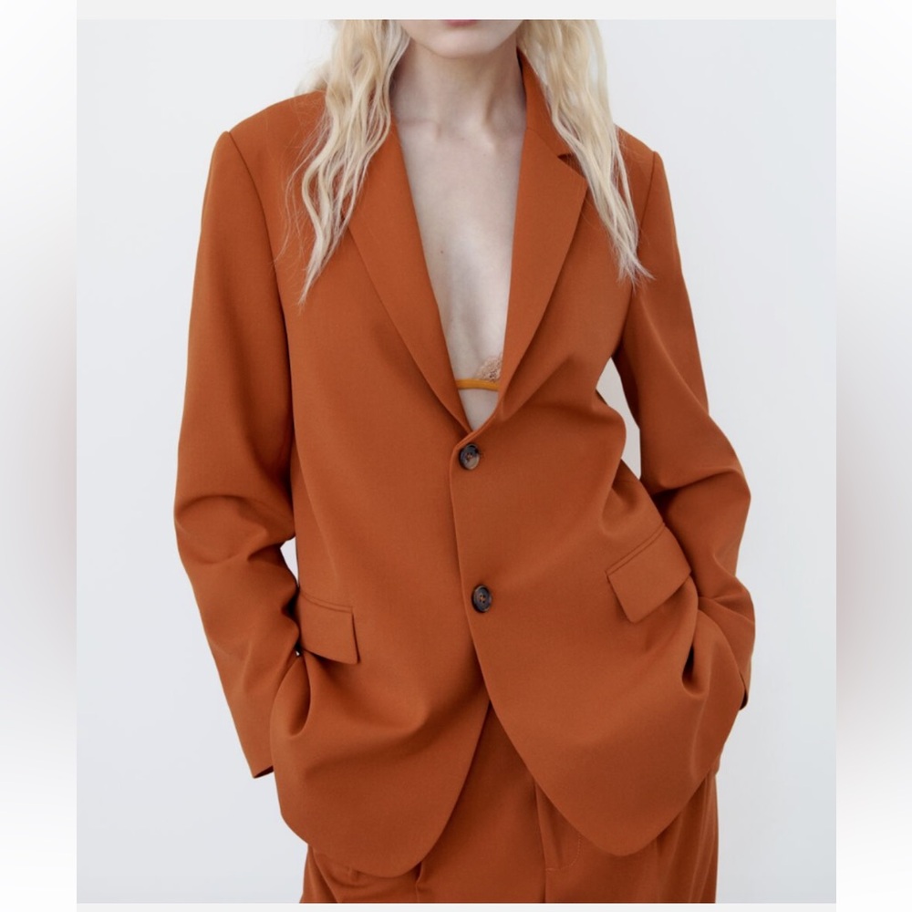 ZARA WOMAN STRAIGHT CUT BUTTONED BLAZER BURNT ORANGE GERANIUM